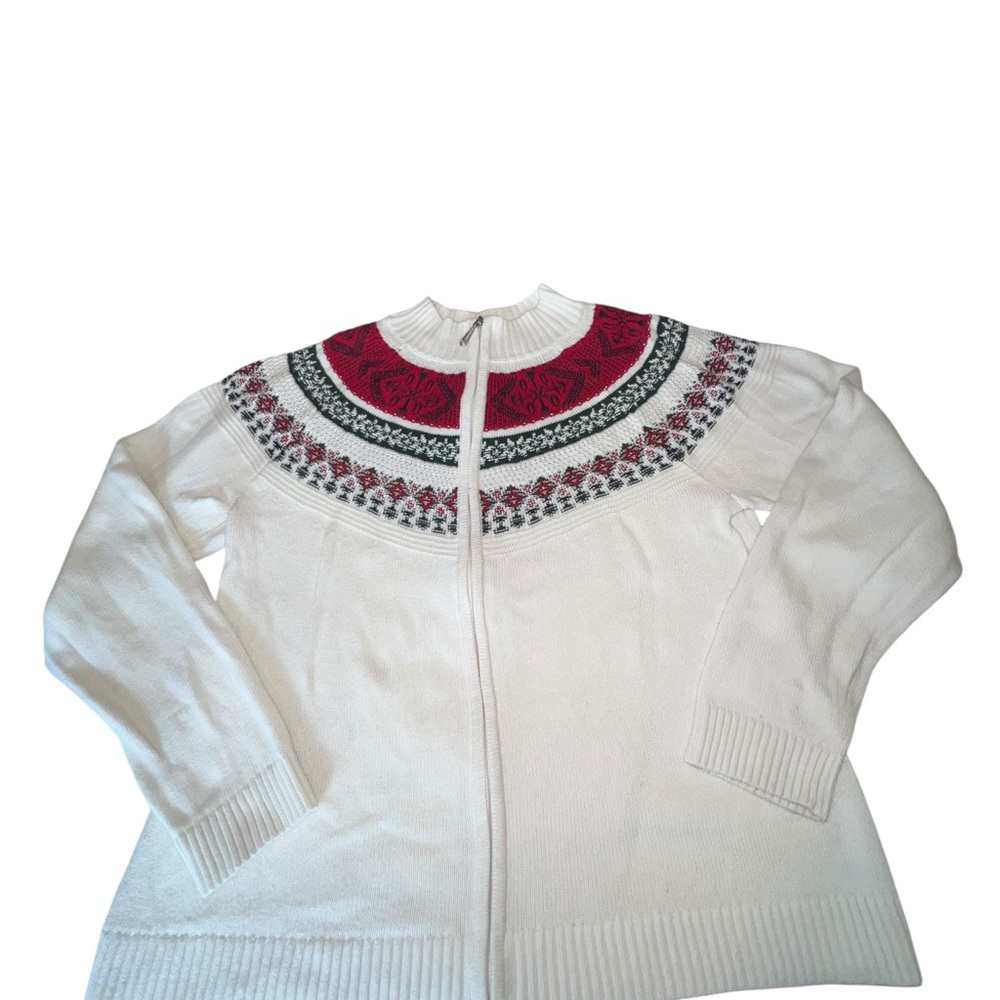Christopher & Banks Women L Sweater Full Zip Fair Isle Nordic White Red Green
